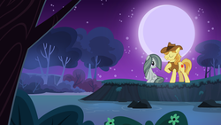Size: 2063x1161 | Tagged: safe, braeburn, marble pie, g4, braeble, crack shipping, creek, evening, female, forest, jon pardi, lyrics, lyrics in the description, male, moon, moonlight, night, outdoors, river, romance, scenery, serenade, shipping, singing, smiling, song reference, starry night, stars, straight, stream, text, tree, up all night, youtube link