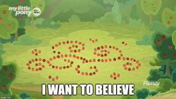 Size: 885x499 | Tagged: safe, edit, edited screencap, screencap, g4, going to seed, season 9, apple, food, i want to believe, meme, no pony, text, x-files