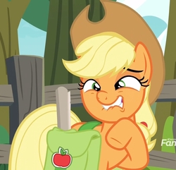 Size: 1121x1080 | Tagged: safe, screencap, applejack, earth pony, pony, g4, going to seed, cropped, cute, faic, female, jackabetes, lip bite, mare, raised hoof, saddle bag, solo