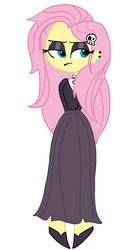 Size: 711x1280 | Tagged: safe, artist:thatdamnchristian, fluttershy, equestria girls, fake it 'til you make it, g4, clothes, dress, ear piercing, eyeshadow, female, fluttergoth, goth, hair accessory, lidded eyes, makeup, piercing, simple background, skull, solo, white background