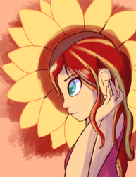Size: 2550x3300 | Tagged: dead source, safe, artist:pettypop, sunset shimmer, equestria girls, g4, clothes, colored pupils, cute, female, flower, high res, profile, shimmerbetes, solo, sunflower, tank top