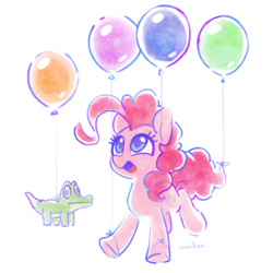 Size: 1280x1279 | Tagged: safe, artist:dawnfire, gummy, pinkie pie, alligator, earth pony, pony, g4, balloon, cute, daaaaaaaaaaaw, diapinkes, duo, female, floating, mare, open mouth, then watch her balloons lift her up to the sky