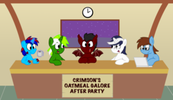 Size: 3080x1788 | Tagged: safe, artist:sketchymouse, oc, oc:circuit mane, oc:crimsonthewolf, oc:kreature, oc:sketchymouse, bat pony, pony, unicorn, bat pony oc, bat wings, cloak, clothes, fangs, glasses, glowing horn, hooves, horn, levitation, magic, male, oatmeal galore afterparty, open mouth, sitting, spread wings, stallion, table, telekinesis, the brony show, wings