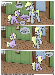 Size: 1400x1900 | Tagged: safe, artist:moemneop, derpy hooves, dinky hooves, pony, comic:shifting changelings lies and truths, g4, butt, comic, duo, duo female, female, mother and daughter, plot