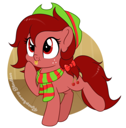 Size: 1809x1843 | Tagged: safe, artist:raspberrystudios, oc, oc only, oc:cherry, earth pony, pony, :p, bow, clothes, cute, female, freckles, hair bow, hat, mare, ocbetes, scarf, solo, tongue out
