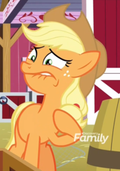 Size: 619x886 | Tagged: safe, screencap, applejack, earth pony, pony, g4, going to seed, cropped, female, hoof on chest, lip bite, mare, raised hoof, solo