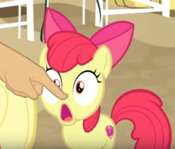 Size: 687x585 | Tagged: safe, edit, edited screencap, screencap, apple bloom, earth pony, pony, g4, going to seed, boop, boop edit, cropped, female, filly, finger, foal, hand, solo focus