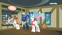 Size: 600x338 | Tagged: safe, screencap, derpy hooves, princess celestia, princess luna, rainbow stars, pony, between dark and dawn, g4, alternate hairstyle, animated, bare hooves, butt, cartoonito logo, clock, clothes, cute, eyes closed, eyeshadow, female, flower shirt, hair bun, hawaiian shirt, lunabetes, mail, makeup, mare, plot, post office, shirt, tail bun, that pony sure does love the post office, trotting, trotting in place