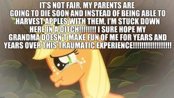 Size: 2048x1152 | Tagged: safe, edit, edited screencap, screencap, applejack, g4, going to seed, abuse, caption, crying, excessive exclamation marks, female, filly, filly applejack, image macro, implied bright mac, implied granny smith, implied pear butter, jackabuse, op is a duck, sad, sad but true, text, unfortunate implications, wall of text, younger