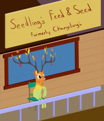 Size: 2400x2800 | Tagged: safe, artist:mightyshockwave, the great seedling, dryad, elk, g4, going to seed, branches for antlers, chair, female, high res, male, meme, sitting, sneed's feed and seed, solo, the simpsons
