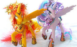 Size: 302x186 | Tagged: safe, artist:lightningsilver-mana, starlight glimmer, sunset shimmer, alicorn, pony, g4, brony, brony convention, craft, customized toy, feather, handmade, irl, paint, painted, photo, toy, unipeg