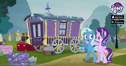 Size: 1200x630 | Tagged: safe, gameloft, starlight glimmer, trixie, pony, unicorn, g4, official, road to friendship, belly, bipedal, duo, duo female, female, mare, my little pony logo, ponyville, trixie's wagon