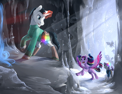 Size: 3300x2550 | Tagged: safe, artist:silfoe, applejack, chancellor neighsay, fluttershy, maud pie, pinkie pie, rainbow dash, rarity, twilight sparkle, alicorn, pony, windigo, fanfic:the tomb of the nameless evil, g4, cave, colored wings, commission, crepuscular rays, fanfic, fanfic art, fanfic cover, glowing horn, high res, horn, magic, male, multicolored wings, portal, rainbow power, snow, stallion, twilight sparkle (alicorn), wings