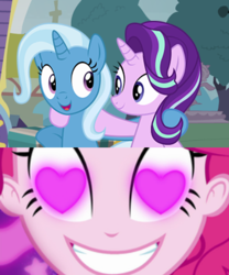 Size: 330x397 | Tagged: safe, edit, edited screencap, screencap, pinkie pie, starlight glimmer, trixie, coinky-dink world, equestria girls, g4, my little pony equestria girls: summertime shorts, female, heart, heart eyes, lesbian, meme, pinkie's eyes, ship:startrix, shipping, wingding eyes