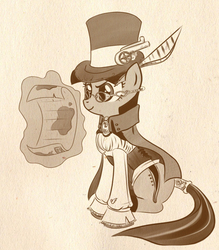 Size: 603x689 | Tagged: safe, artist:bunnimation, twilight sparkle, pony, unicorn, g4, brown background, cape, clothes, female, glasses, hat, magic, mare, monochrome, photoshop, simple background, sitting, solo, steampunk, tail wrap, top hat