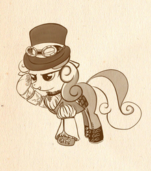 Size: 516x585 | Tagged: safe, artist:bunnimation, sweetie belle, pony, unicorn, g4, brown background, clothes, female, filly, goggles, hat, monochrome, photoshop, raised hoof, simple background, solo, steampunk, top hat