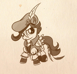 Size: 569x545 | Tagged: safe, artist:bunnimation, scootaloo, pegasus, pony, g4, brown background, clothes, feather, female, filly, hat, monochrome, photoshop, simple background, solo, steampunk