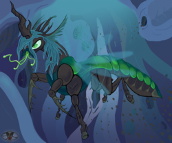 Size: 1200x1000 | Tagged: safe, artist:skunk bunk, queen chrysalis, changeling, changeling queen, insect, g4, alternate design, angry, changeling hive, female, flying, glare, group, hissing, hive, mandibles, realistic, solo focus, tongue out