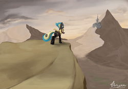 Size: 5000x3500 | Tagged: safe, artist:tetrapony, oc, oc:king regal, changeling, blue changeling, carrying, castle, changeling oc, desert, duo, mountain, pointing, riding, yellow changeling