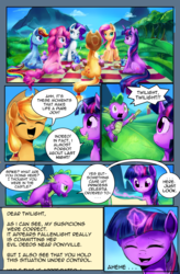 Size: 2200x3349 | Tagged: safe, artist:light-of-inirida, applejack, fluttershy, pinkie pie, rainbow dash, rarity, spike, twilight sparkle, alicorn, earth pony, pegasus, pony, unicorn, comic:curse and madness, g4, cloud, comic, day, forest, high res, mane seven, mane six, mlpcam, mountain, safe sky, saturated colors, sky, text, text bubbles, tree, twilight sparkle (alicorn)