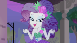 Size: 1920x1080 | Tagged: safe, screencap, rarity, human, equestria girls, equestria girls series, g4, pinkie sitting, bare shoulders, crystal gala, cute, female, flower, flower in hair, lidded eyes, open mouth, raribetes, sleeveless, smiling, solo