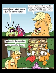 Size: 4422x5686 | Tagged: safe, artist:bobthedalek, applejack, bright mac, granny smith, pear butter, earth pony, pony, g4, going to seed, 2 panel comic, applejack is not amused, comic, cup, dialogue, female, filly, filly applejack, foal, granny smith is not amused, implied great seedling, kettle, male, mare, nervous smile, net, picnic, picnic blanket, speech bubble, stallion, sweat, sweatdrop, teapot, trap (device), unamused, younger