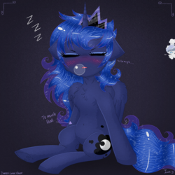 Size: 3000x3000 | Tagged: safe, artist:darkest-lunar-flower, princess luna, oc, oc:lux(pearle), alicorn, pony, g4, black background, blushing, bubble, chest fluff, cute, ear fluff, eyes closed, female, floppy ears, high res, lunabetes, mare, onomatopoeia, simple background, sitting, sleeping, snot bubble, solo focus, sound effects, tummy ache, wing fluff, zzz