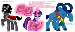 Size: 2800x1200 | Tagged: safe, grogar, king sombra, twilight sparkle, alicorn, pony, sheep, unicorn, g4, bell, caption, cloven hooves, colored horn, curved horn, dialogue, female, glowing horn, grammar error, horn, image macro, magic, male, mare, mentor, ram, simple background, stallion, studying, telekinesis, text, twilight sparkle (alicorn), white background, young