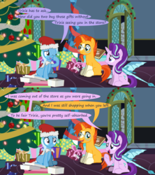 Size: 1280x1440 | Tagged: safe, artist:evil-dec0y, starlight glimmer, sunburst, trixie, pony, comic:trixie vs., comic:trixie vs. hearth's warming, g4, christmas, christmas tree, clothes, comic, costume, crying, hat, holiday, santa costume, santa hat, tears of joy, tree, wiping tears
