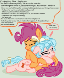 Size: 690x844 | Tagged: safe, artist:loladreamteam, artist:pegasusairbrush, artist:rainbineeoi, cozy glow, scootaloo, pegasus, pony, g4, a better ending for cozy, alternate hairstyle, base used, comforting, cozybetes, crying, cute, female, lesbian, older, older cozy glow, older scootaloo, reformed, ship:cozyloo, shipping, speech bubble, text