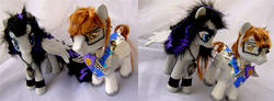 Size: 737x270 | Tagged: safe, artist:lightningsilver-mana, oc, oc only, oc:azul thunder, oc:shield-wing, pegasus, pony, commissions open, craft, customized toy, doll, figure, figurine, fur, irl, leather, oc couple, paint, painted, photo, toy