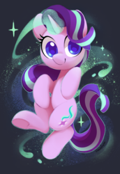 Size: 1207x1756 | Tagged: safe, artist:dawnfire, starlight glimmer, pony, unicorn, g4, abstract background, c:, colored pupils, cute, female, floating, glimmerbetes, glowing horn, horn, looking at you, magic, magic aura, mare, smiling, solo, sparkles, underhoof