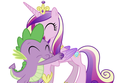 Size: 750x507 | Tagged: safe, edit, editor:undeadponysoldier, princess cadance, spike, alicorn, dragon, pony, g4, age difference, baby, baby dragon, crown, cuddling, cute, cutedance, duo, duo male and female, eyes closed, female, happy, hug, jewelry, male, mare, open mouth, raised hoof, regalia, ship:spikedance, simple background, smiling, spikabetes, straight, white background