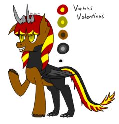 Size: 766x802 | Tagged: safe, artist:megabyte1835, oc, oc only, oc:vamus valentinus, kirin, cloven hooves, dragon tail, edgy, edgy as fuck, redesign, reference sheet, simple background, transparent background, wings