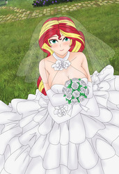 Size: 1202x1759 | Tagged: safe, alternate version, artist:anonix123, sunset shimmer, human, g4, bare shoulders, beautiful, blushing, bouquet, breasts, bride, busty sunset shimmer, clothes, cute, dress, female, flower, grass, humanized, looking at you, scenery, shimmerbetes, smiling, solo, wedding dress
