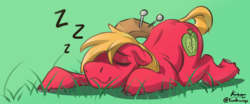 Size: 2500x1041 | Tagged: safe, artist:kam, big macintosh, earth pony, pony, g4, going to seed, :t, anatomically incorrect, cute, daaaaaaaaaaaw, eyes closed, floppy ears, grass, green background, hoof fluff, incorrect leg anatomy, macabetes, male, onomatopoeia, prone, simple background, sleeping, smiling, solo, sound effects, stallion, text, unshorn fetlocks, wavy mouth, zzz