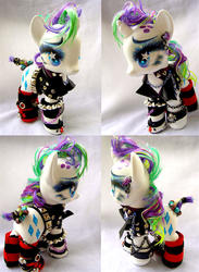 Size: 662x902 | Tagged: safe, artist:lightningsilver-mana, rarity, pony, unicorn, g4, alternate hairstyle, bad hair day, craft, fashion, female, figurine, food, handmade, marshmallow, paint, painted, painting, punk, raripunk, sewing, solo, spikes, studs, textiles, toy