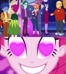 Size: 1920x2160 | Tagged: safe, edit, edited screencap, screencap, cherenkov blue, cosmo quark, dax cobalt, ginger specs, grassy knoll (g4), pinkie pie, rosette nebula, thick coat, coinky-dink world, equestria girls, g4, my little pony equestria girls: better together, my little pony equestria girls: summertime shorts, twilight under the stars, background human, bald, bowtie, clothes, converse, cosmospecs, daxknoll, female, heart eyes, male, male pattern baldness, meme, pinkie the shipper, pinkie's eyes, shoes, sneakers, sweater, thicknebula, turtleneck, wingding eyes