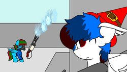Size: 1280x720 | Tagged: safe, artist:storm remedy, oc, oc:bacon hoodie, oc:storm remedy, pony, flamethrower, pyro (tf2), rocket launcher, soldier, soldier (tf2), team fortress 2, weapon