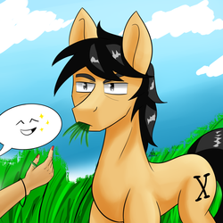 Size: 1200x1200 | Tagged: safe, artist:zachc, oc, oc only, human, pony, cloud, eating, feeding, grass, grazing, hand, herbivore, horses doing horse things, sky, slender, solo focus, sternocleidomastoid, thin