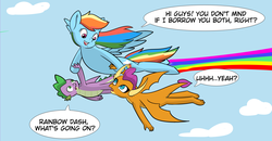 Size: 3693x1921 | Tagged: safe, artist:chedx, rainbow dash, smolder, spike, dragon, pegasus, pony, comic:claws and hooves, g4, confused, cropped, dragoness, female, flying, hoof hold, rainbow, winged spike, wings