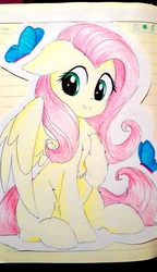 Size: 1836x3177 | Tagged: safe, artist:liaaqila, fluttershy, butterfly, pegasus, pony, g4, chest fluff, cute, female, floppy ears, hoof on chest, looking at you, mare, missing cutie mark, shyabetes, sitting, smiling, solo, spread wings, three quarter view, traditional art, wings