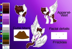 Size: 1024x696 | Tagged: safe, artist:winternightstudios, oc, oc only, oc:graph travel, pegasus, pony, chest fluff, clothes, cutie mark, female, freckles, mare, reference sheet, silly, solo, text, vest, wing fluff
