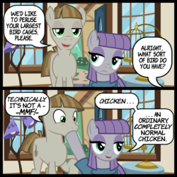 Size: 3260x3260 | Tagged: safe, artist:cheezedoodle96, maud pie, mudbriar, earth pony, pony, g4, student counsel, .svg available, bird cage, blatant lies, comic, dialogue, female, high res, hoof in mouth, hoof over mouth, lamp, male, offscreen character, ponyville, quills and sofas, ship:maudbriar, shipping, shopping, show accurate, smiling, speech bubble, straight, svg, technically, text, vector, when she smiles