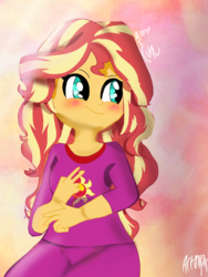 Size: 1800x2400 | Tagged: safe, artist:artmlpk, sunset shimmer, equestria girls, g4, blushing, clothes, cute, cuteness overload, dying of cute, female, looking back, pajamas, peace sign, photo, shimmerbetes, smiling, solo