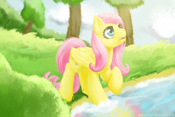 Size: 1500x1000 | Tagged: safe, artist:bel-assa, fluttershy, pegasus, pony, g4, female, looking up, mare, open mouth, raised hoof, solo, tree, water
