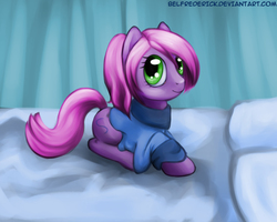 Size: 1247x1000 | Tagged: safe, artist:bel-assa, oc, oc only, earth pony, pony, bed, clothes, commission, female, looking at you, mare, on bed, pillow, ponytail, smiling, solo, sweater