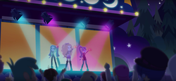 Size: 2048x943 | Tagged: safe, screencap, adagio dazzle, aria blaze, duke suave, fry lilac, snails, sonata dusk, space camp, wiz kid, equestria girls, find the magic, g4, my little pony equestria girls: better together, background human, female, male, taco dress, the dazzlings, the dazzlings have returned