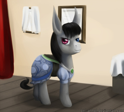 Size: 1500x1356 | Tagged: safe, artist:bel-assa, smarty pants, donkey, pony, g4, clothes, dress, female, heterochromia, jenny, lidded eyes, looking at you, ponified, quadrupedal, saddle, smiling, solo
