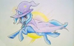 Size: 1917x1184 | Tagged: safe, artist:candygold, trixie, pony, unicorn, g4, abstract background, cape, chest fluff, clothes, female, hat, looking at you, mare, solo, traditional art, trixie's cape, trixie's hat